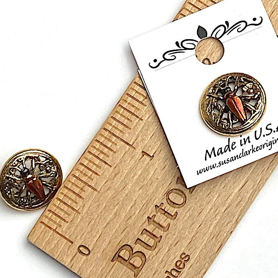 Bug Button, Shiny Red/Gold 1/2" by Susan Clarke  #SC-348