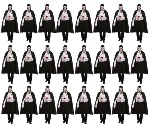 Bundle of 24 Black Dracula Long Capes with Collar - Halloween Unisex Scary Vampire Fancy Dress Costume Accessories