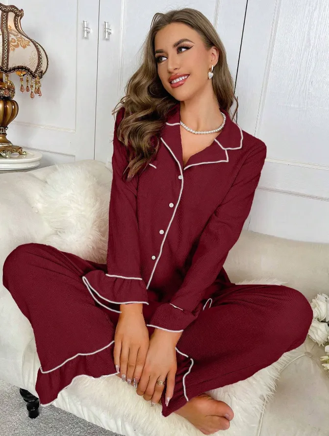 Burgundy Red Frill Detail Long Sleeve Pyjama Set