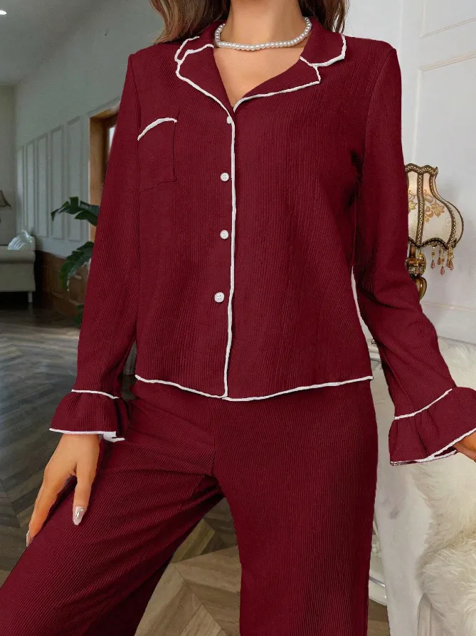 Burgundy Red Frill Detail Long Sleeve Pyjama Set