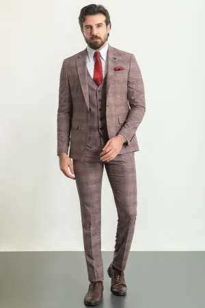 Burgundy Slim Fit Notch Lapel 3 Piece Crosshatch Plaid Suit