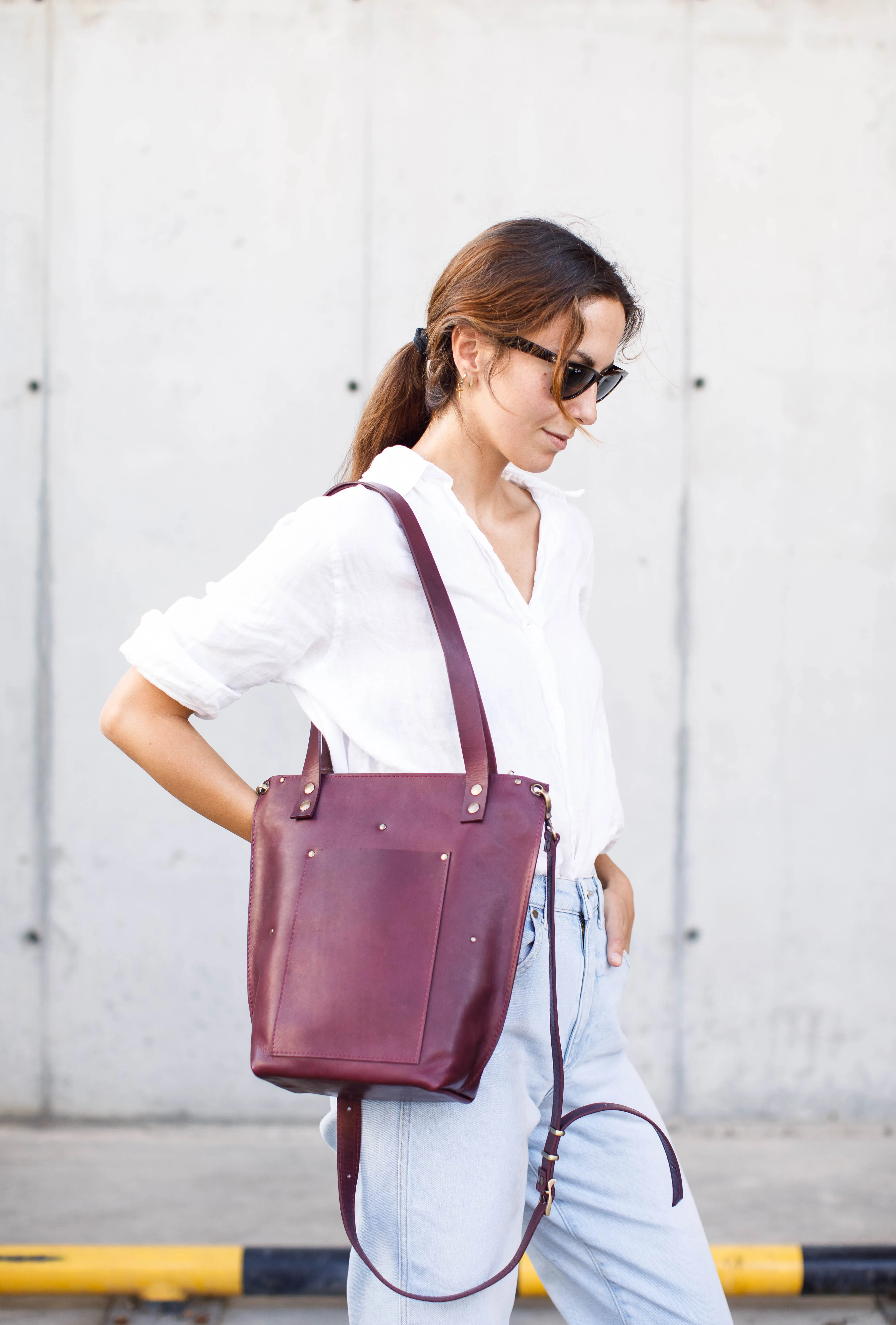 Burgundy Zip Top Leather Tote Bag