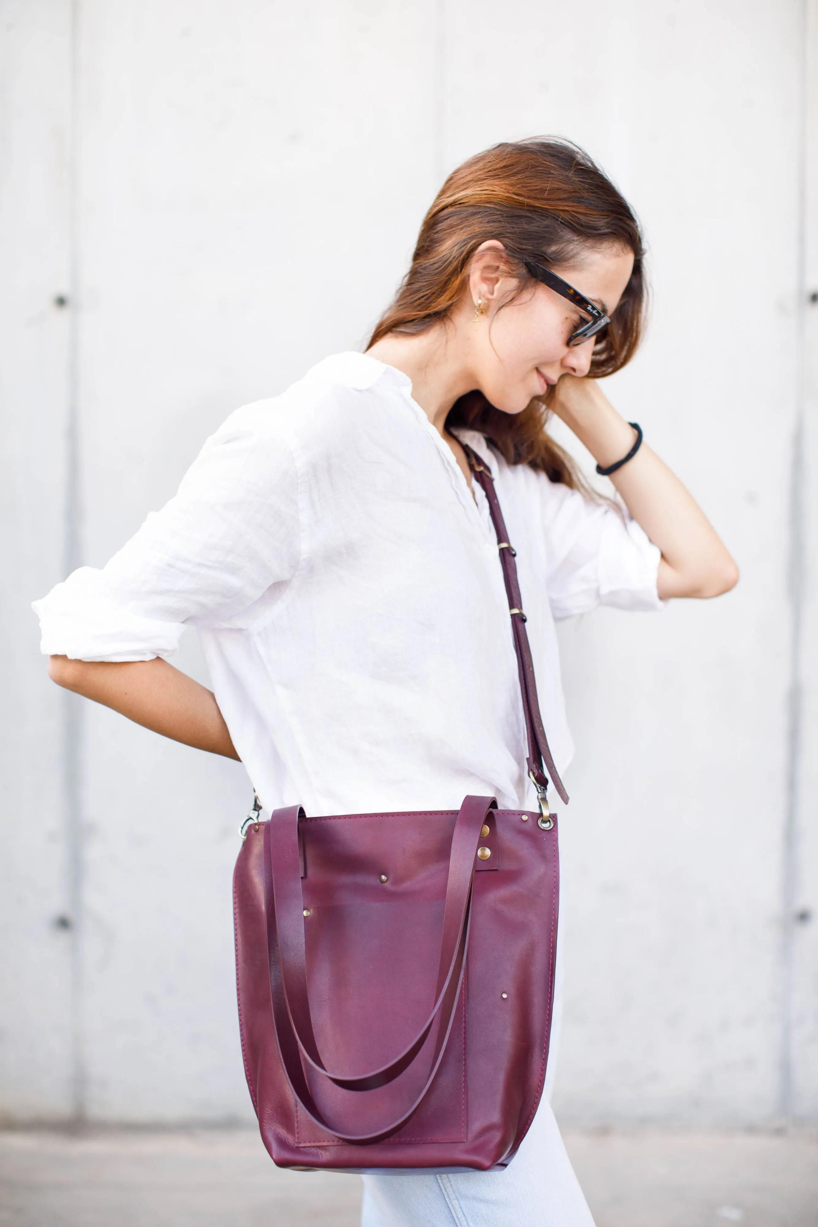Burgundy Zip Top Leather Tote Bag