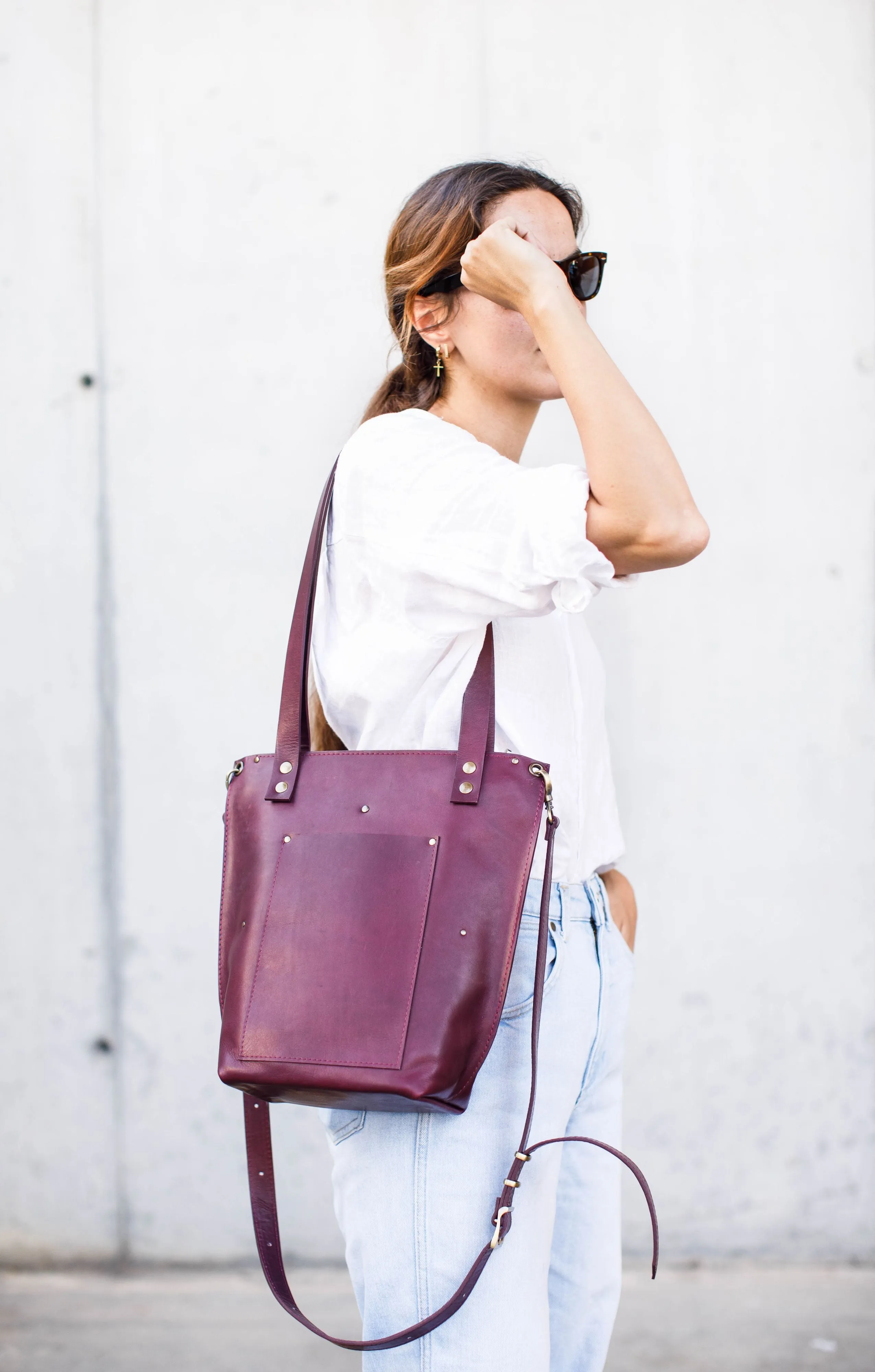 Burgundy Zip Top Leather Tote Bag
