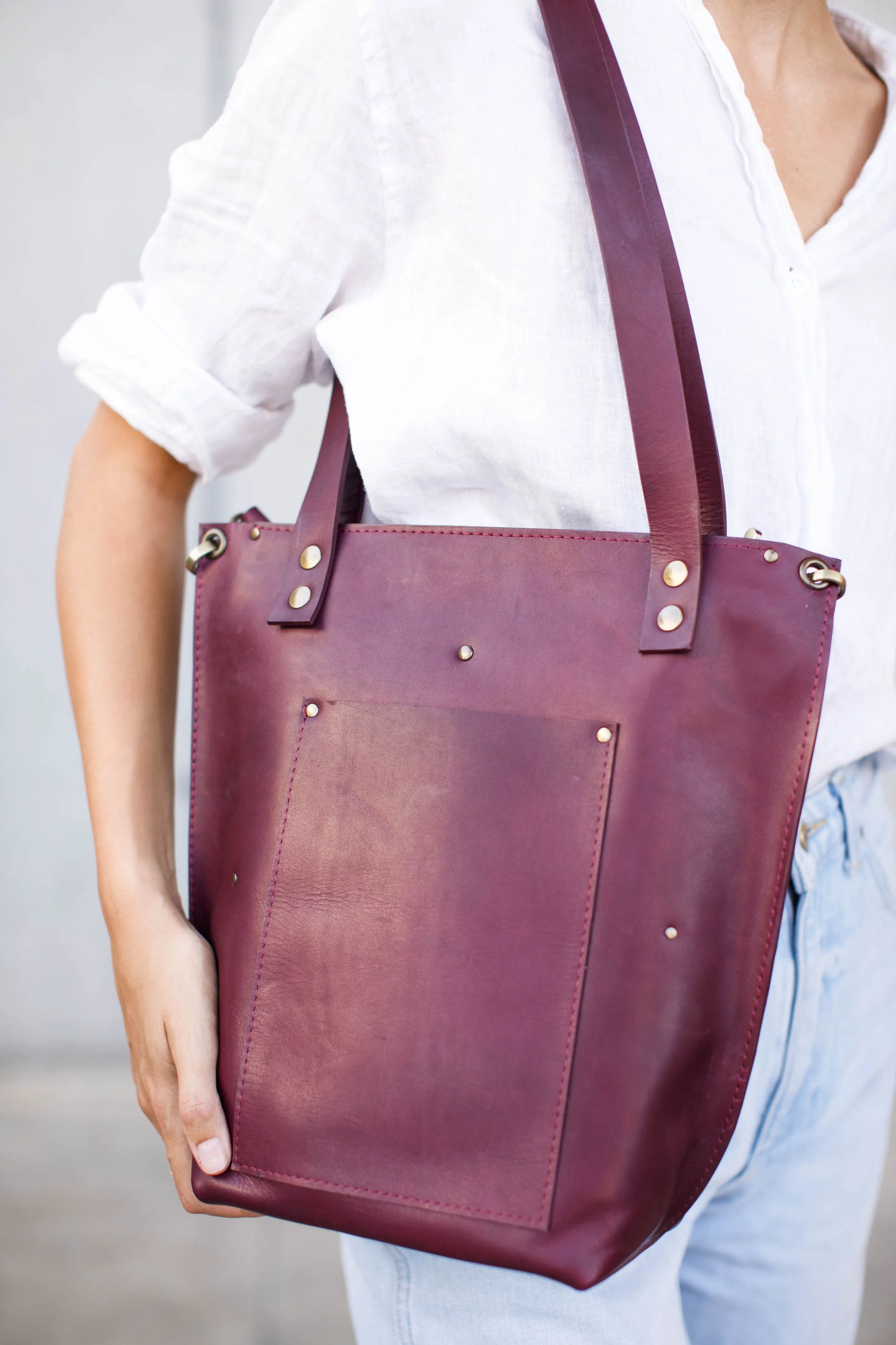 Burgundy Zip Top Leather Tote Bag