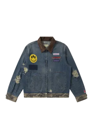 BURNIN* "Burnin for people" camouflage splicing damaged patch denim jacket