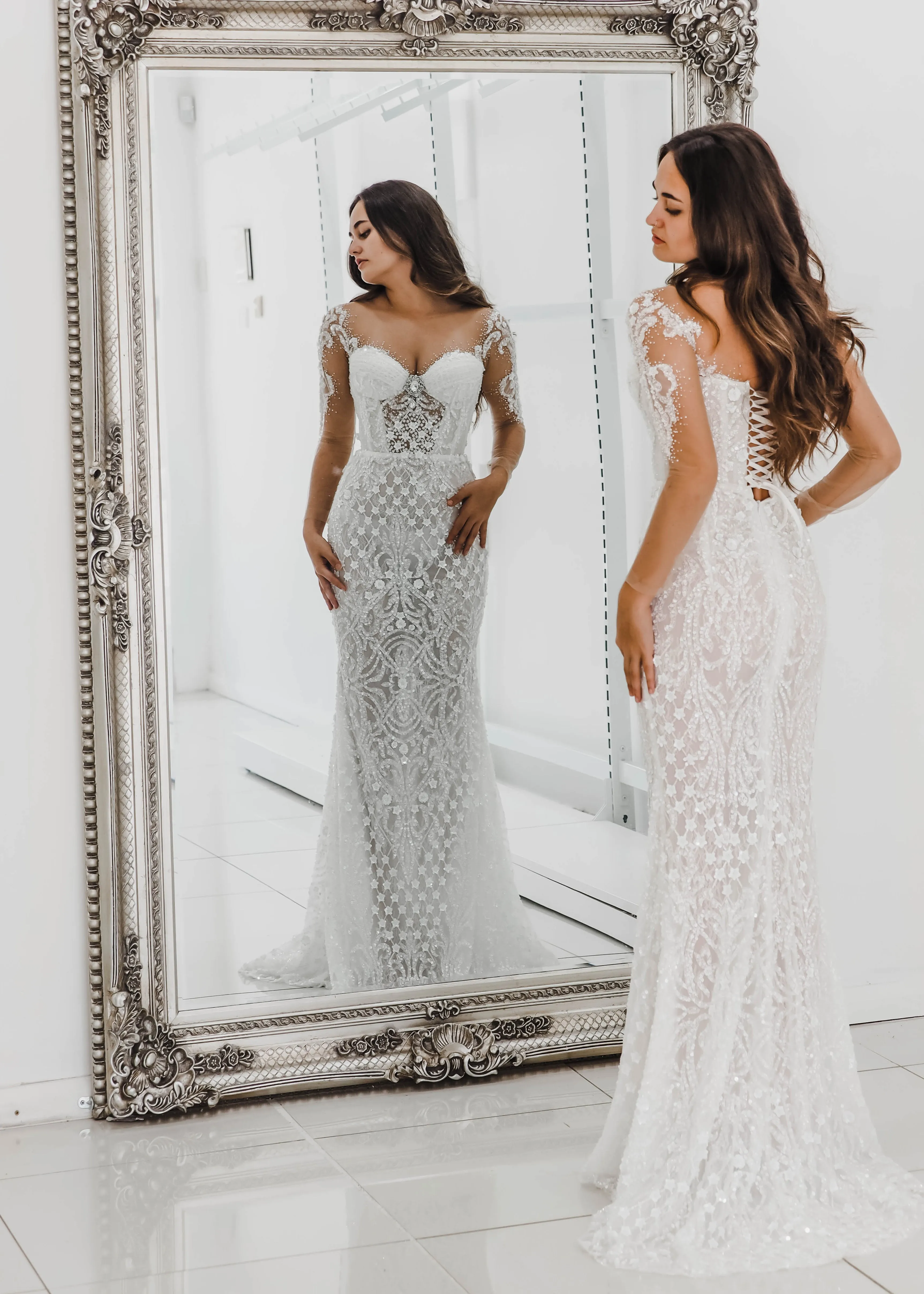 Bustier cups sparkling white lace mermaid dress with sleeves for hire