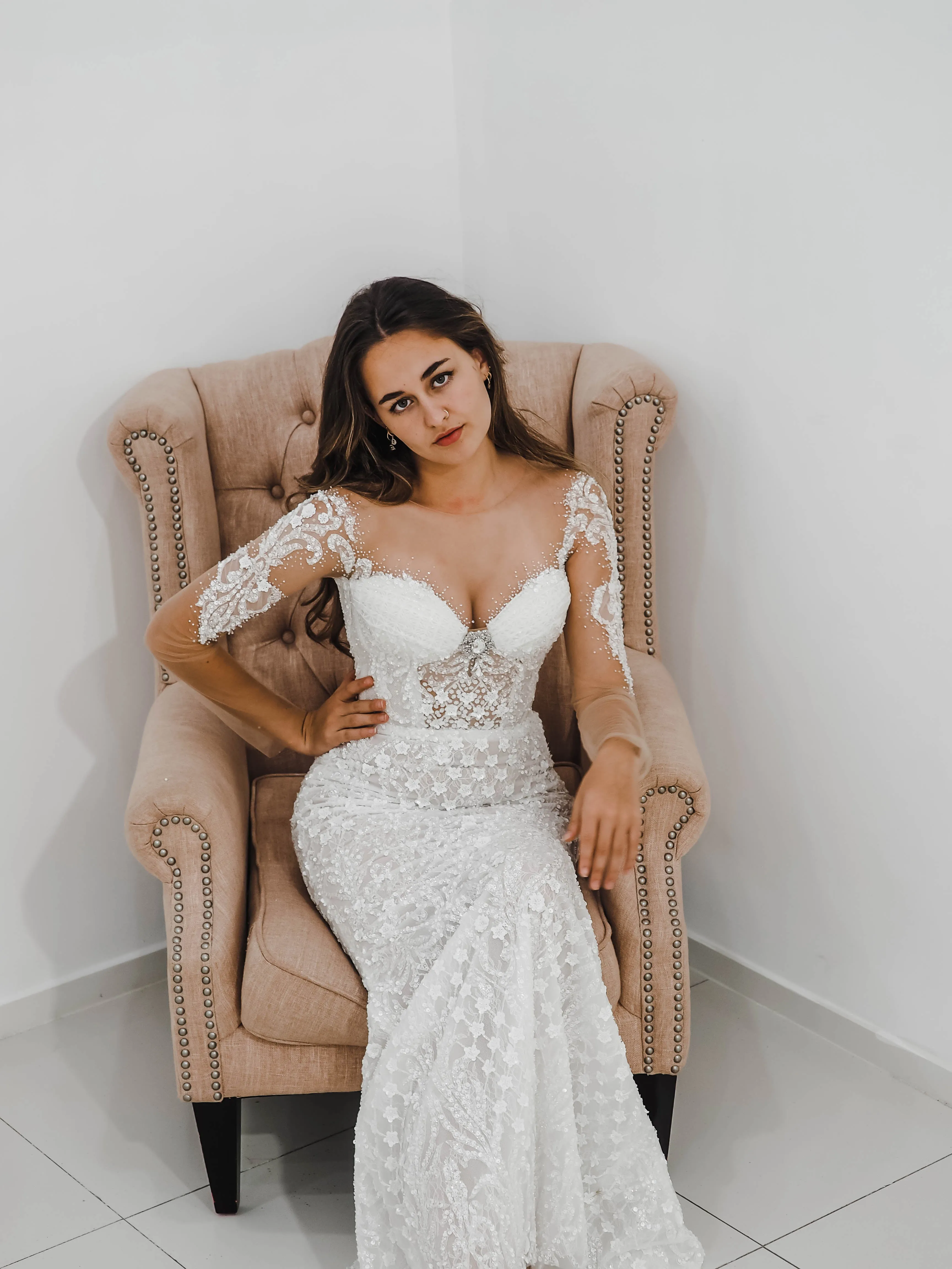 Bustier cups sparkling white lace mermaid dress with sleeves for hire
