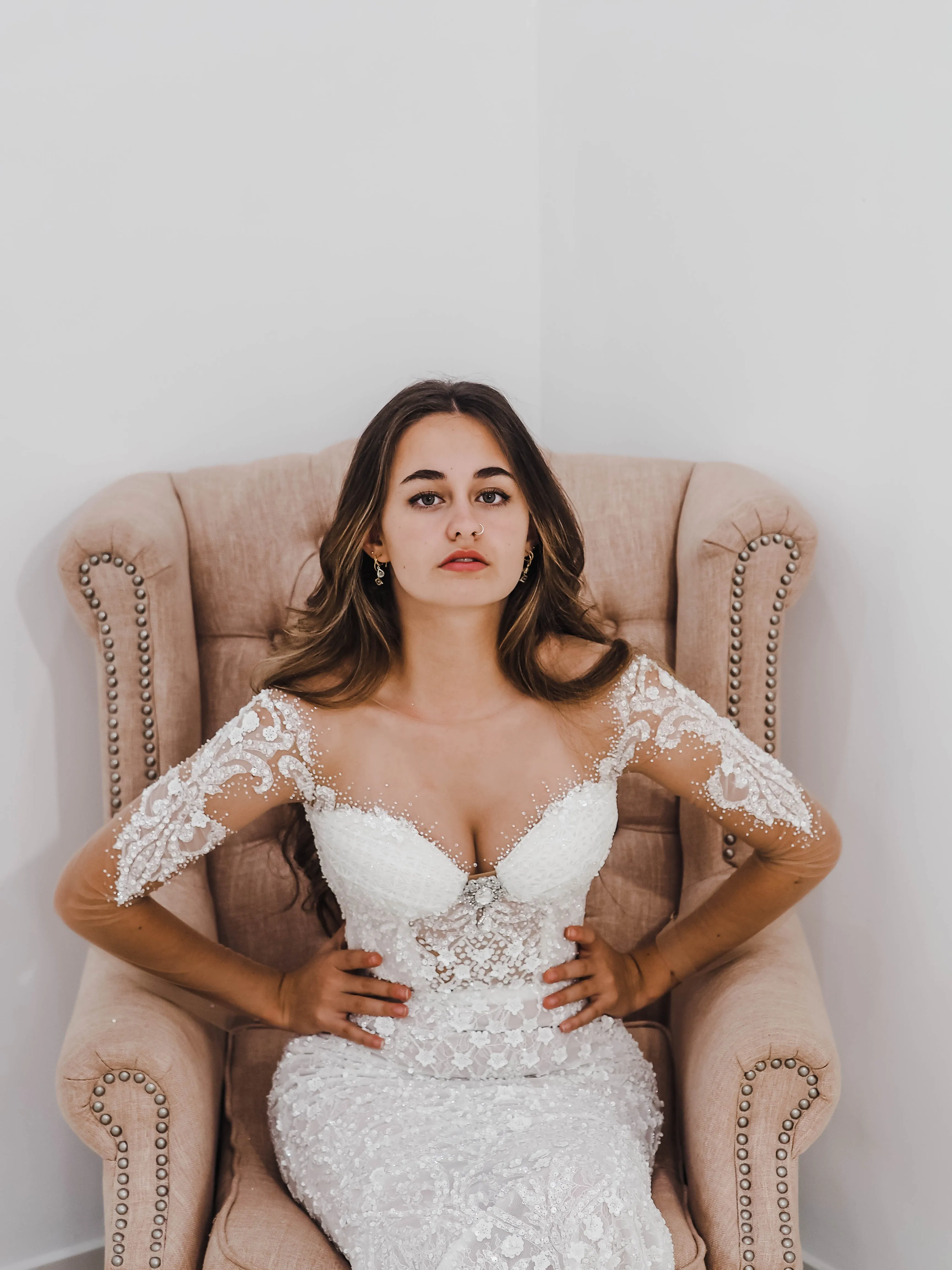 Bustier cups sparkling white lace mermaid dress with sleeves for hire