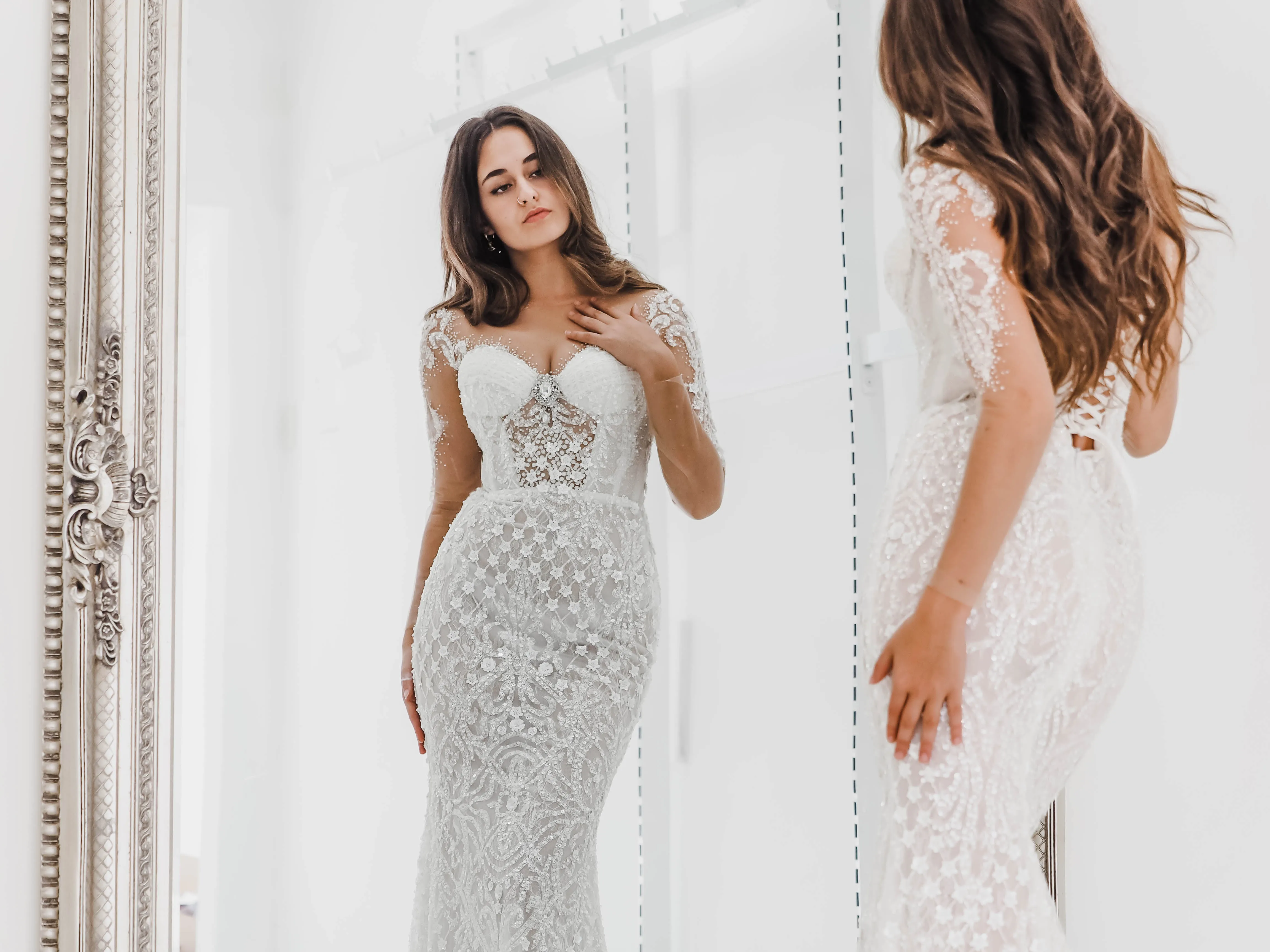 Bustier cups sparkling white lace mermaid dress with sleeves for hire