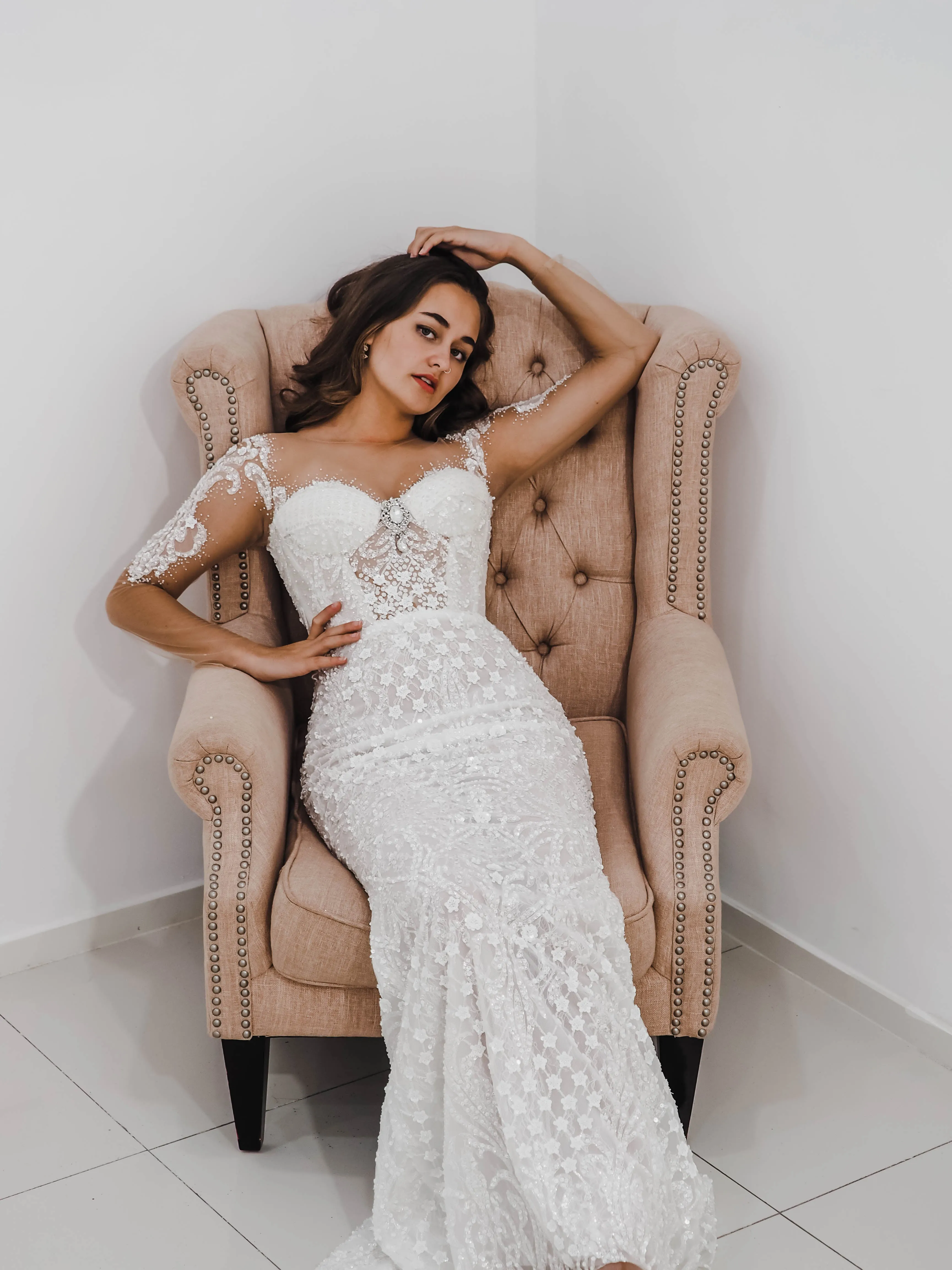 Bustier cups sparkling white lace mermaid dress with sleeves for hire