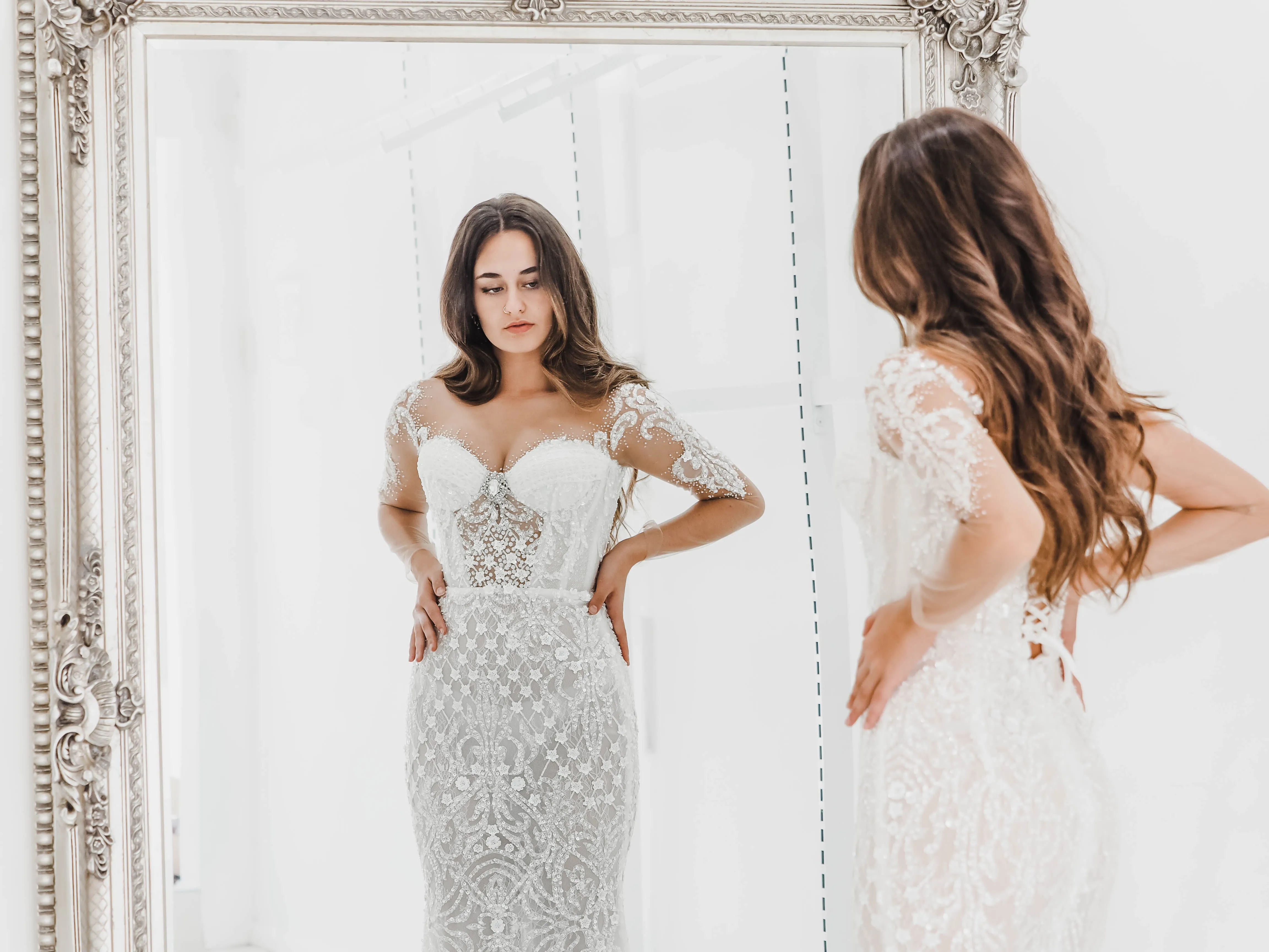 Bustier cups sparkling white lace mermaid dress with sleeves for hire