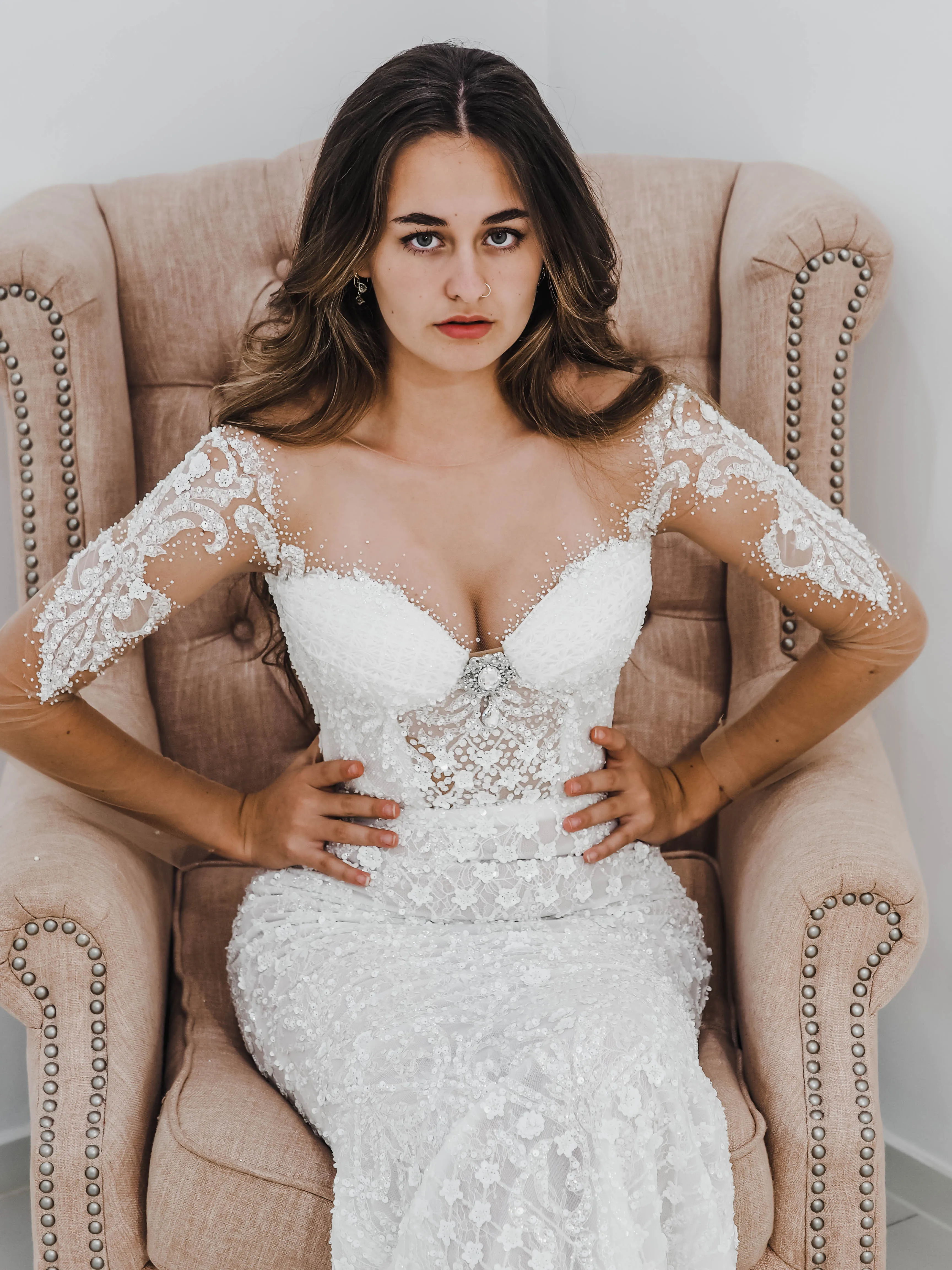 Bustier cups sparkling white lace mermaid dress with sleeves for hire