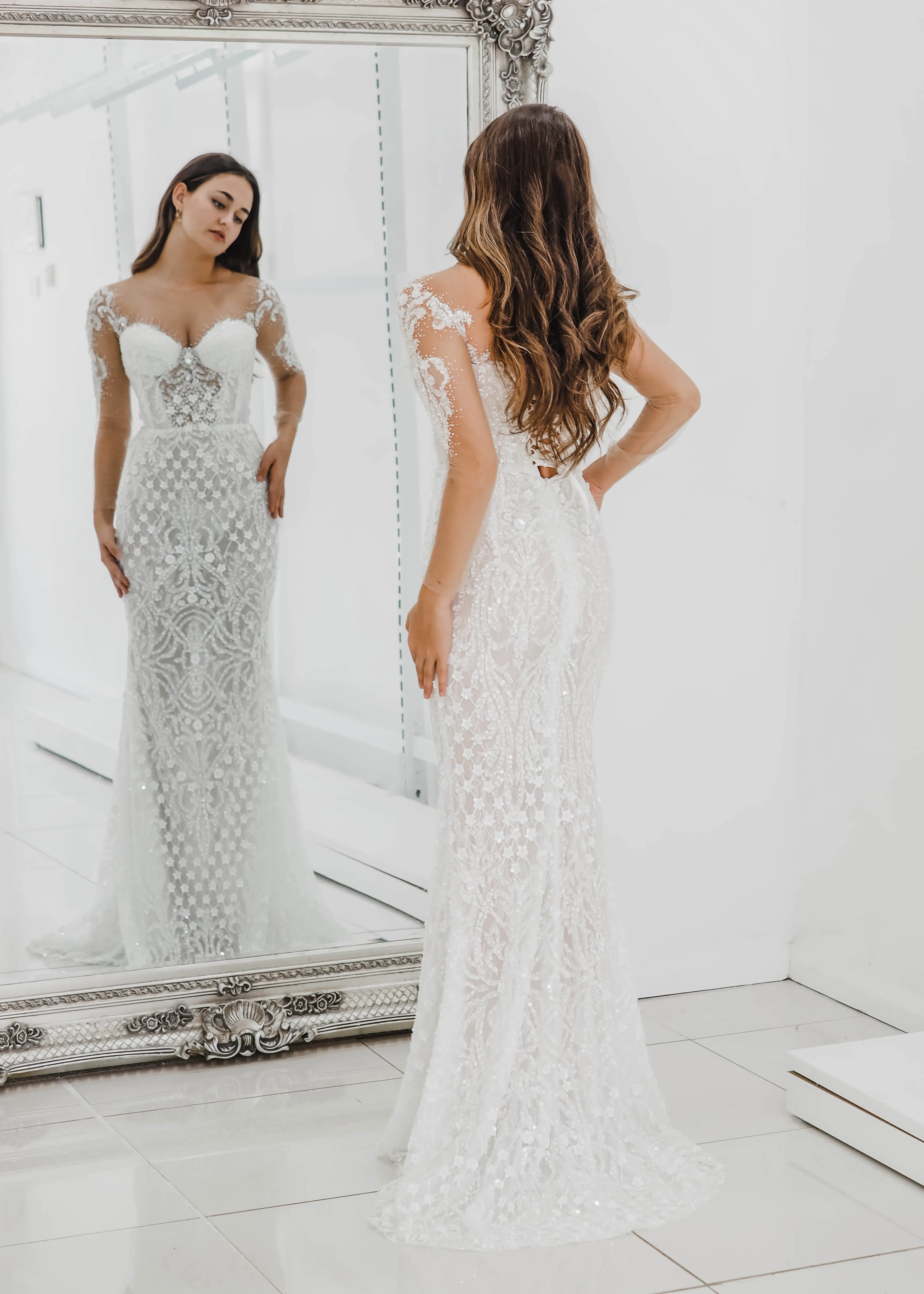 Bustier cups sparkling white lace mermaid dress with sleeves for hire
