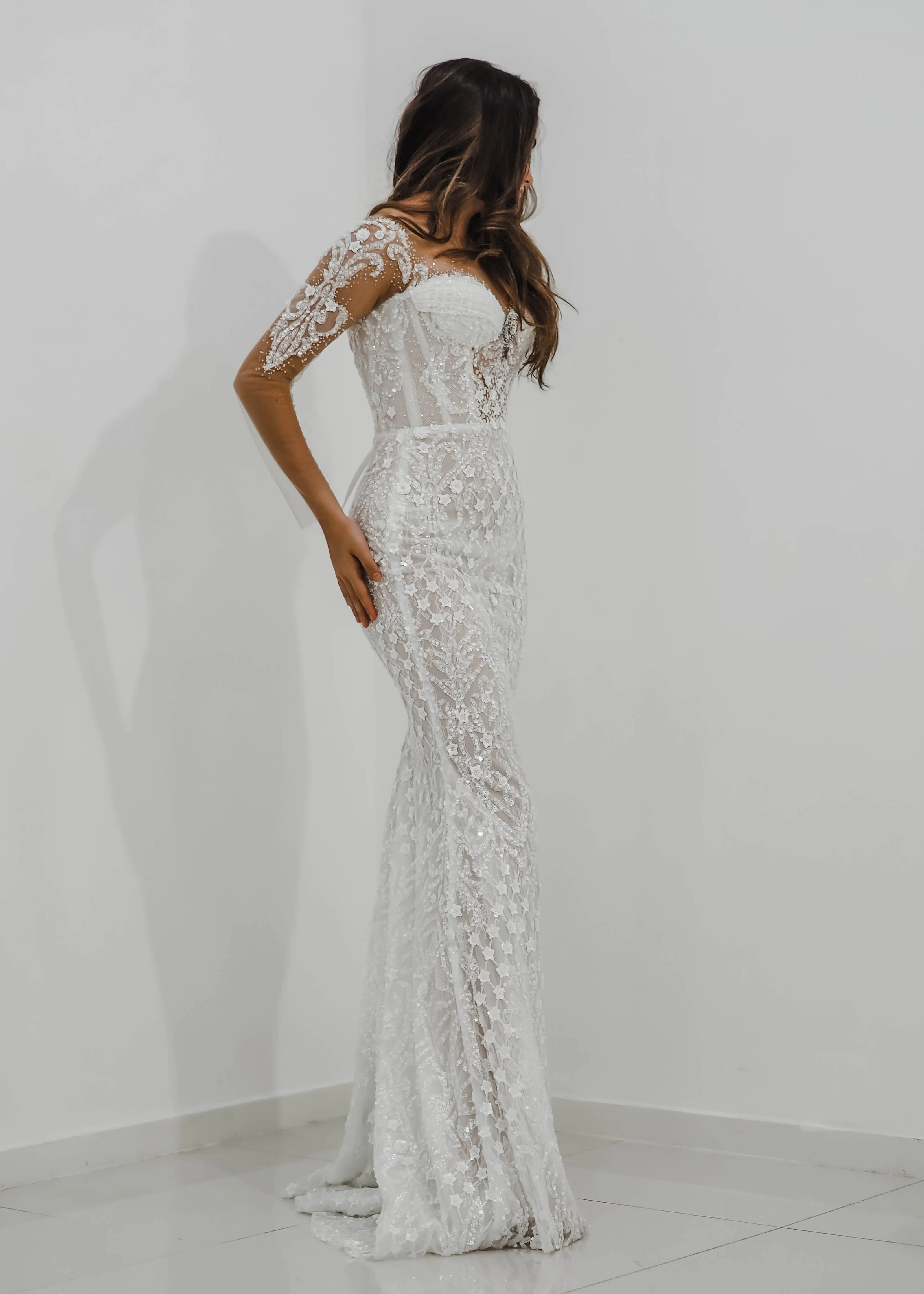 Bustier cups sparkling white lace mermaid dress with sleeves for hire