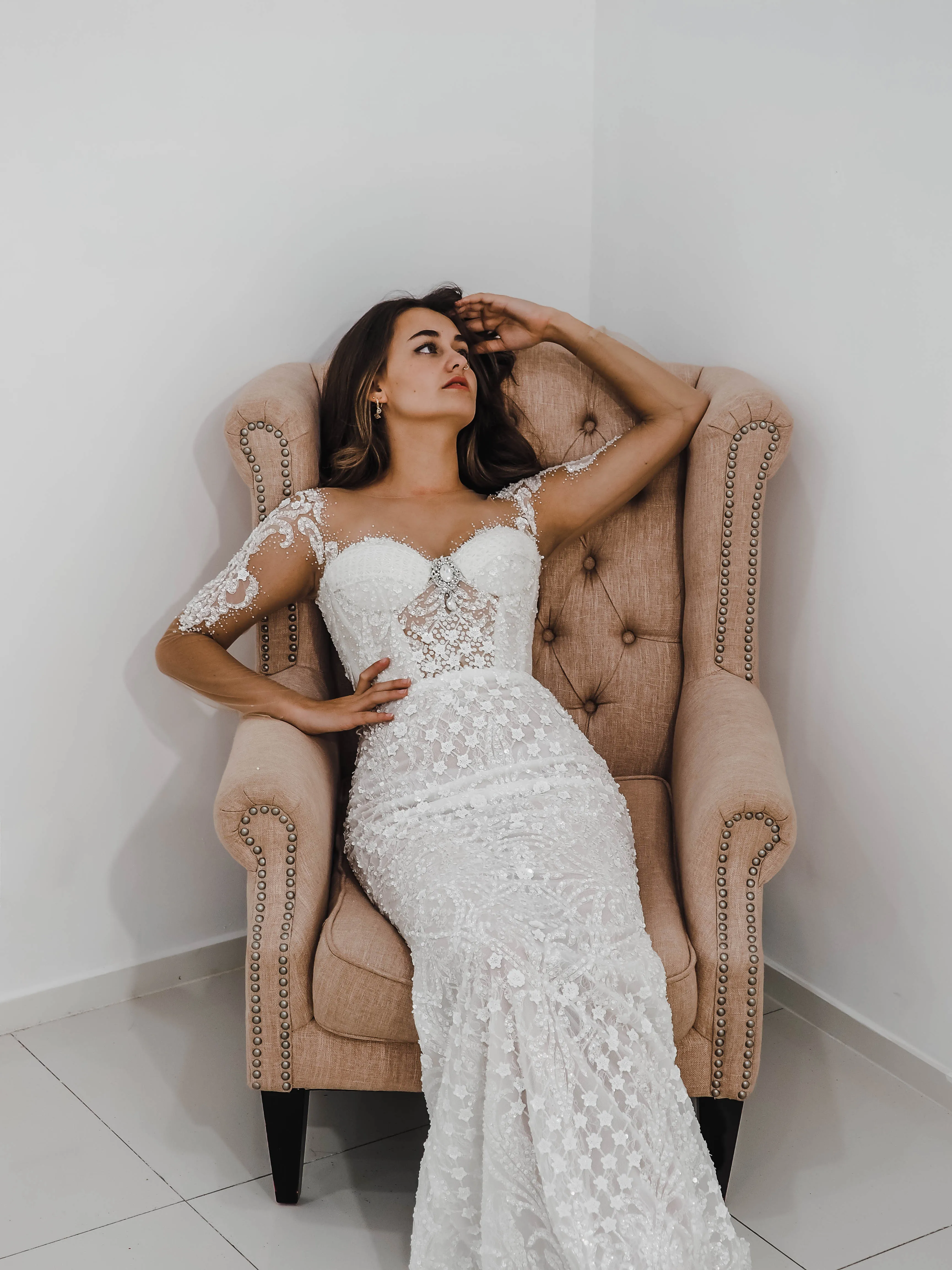 Bustier cups sparkling white lace mermaid dress with sleeves for hire