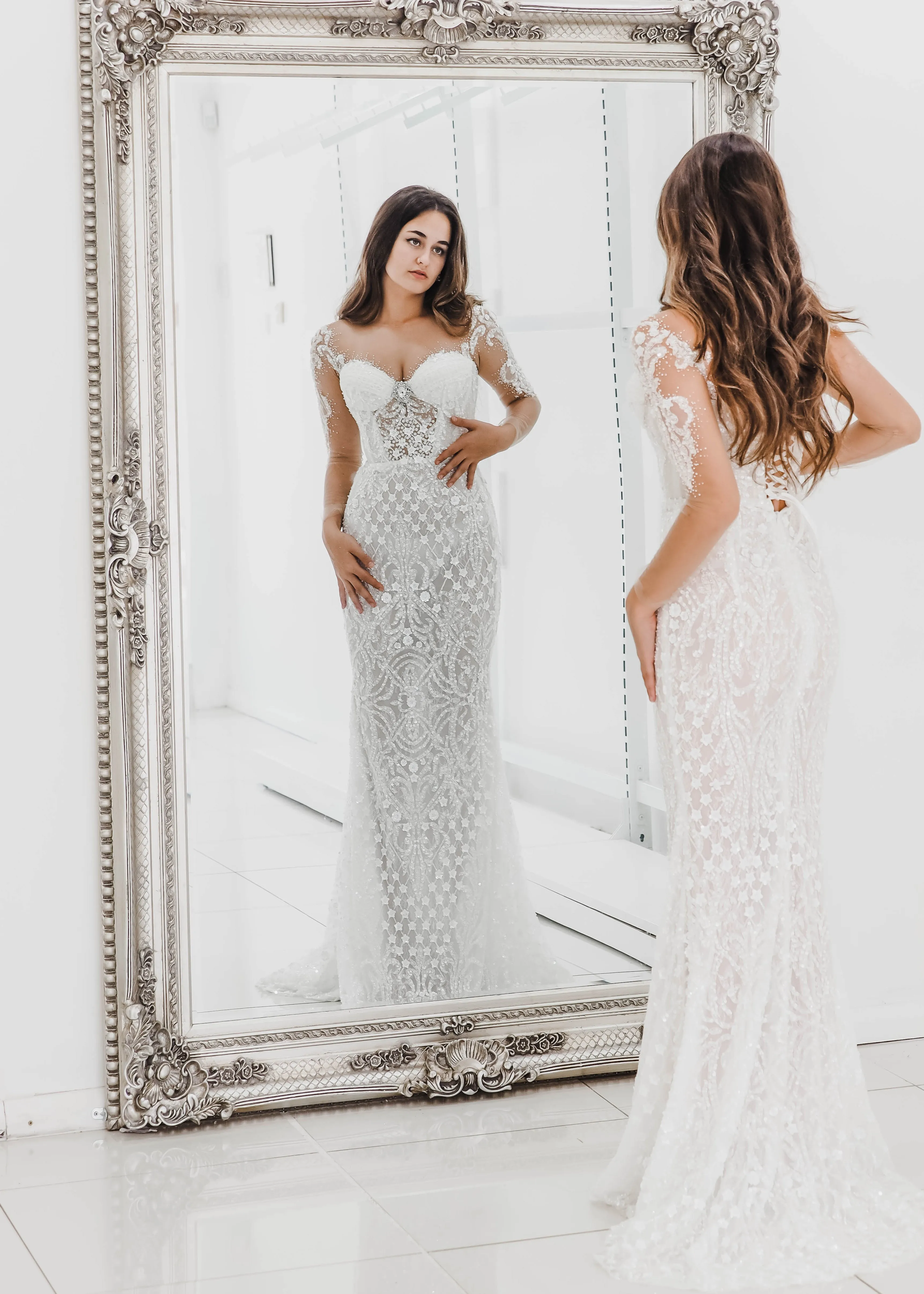 Bustier cups sparkling white lace mermaid dress with sleeves for hire