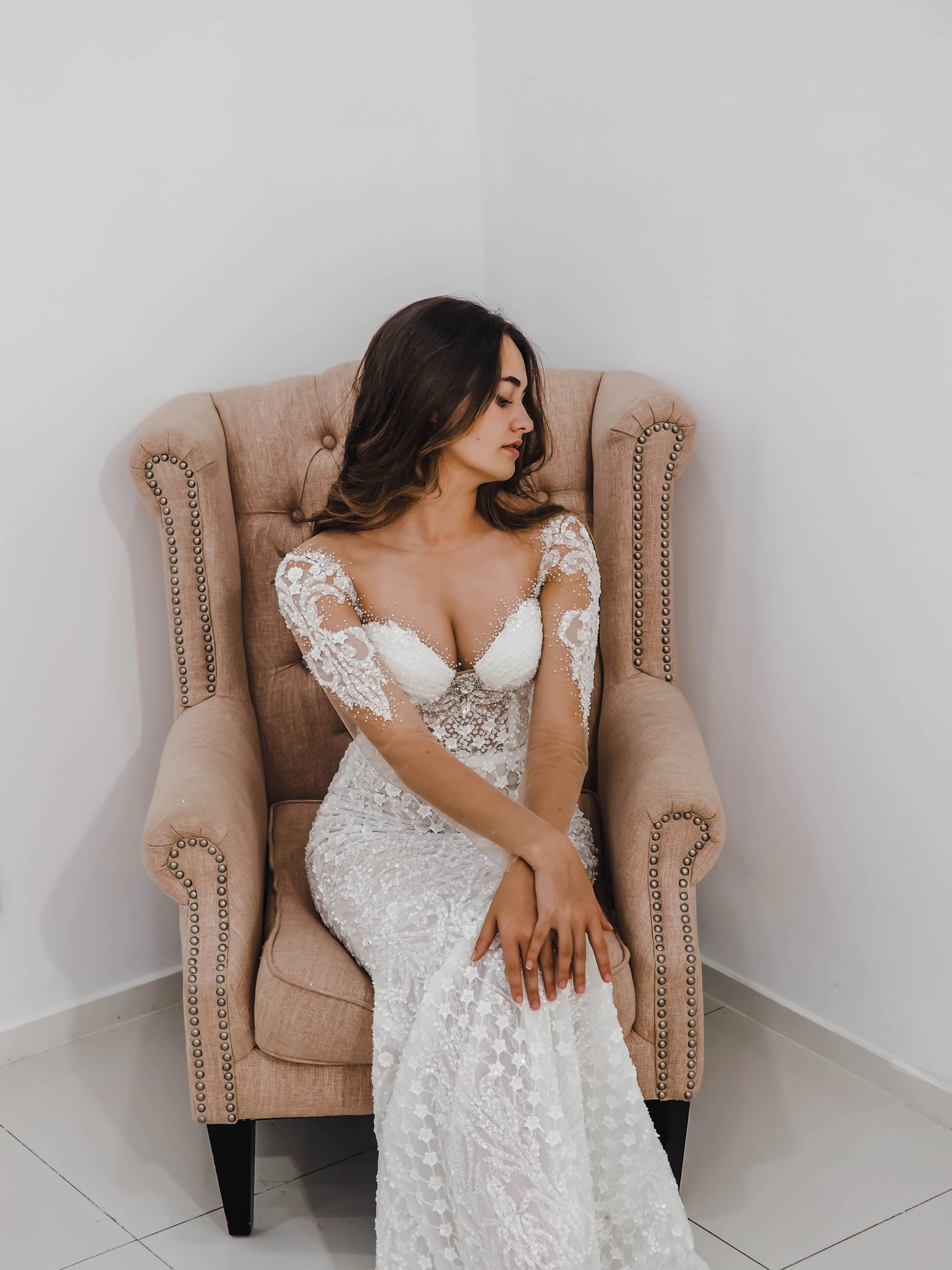 Bustier cups sparkling white lace mermaid dress with sleeves for hire