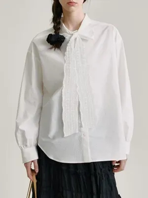 Buttoned Solid Color Long Sleeves Lace Collar Blouses&shirts Tops