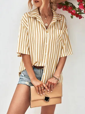 Buttoned Striped Half Sleeves Loose Notched Collar Blouses&Shirts Tops