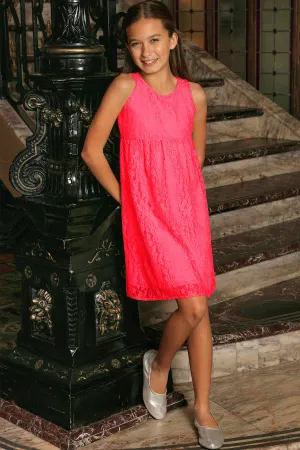 BUY 1 GET 4 FREE! Bright Neon Pink Lace Empire Waist Sleeveless Dress - Girls
