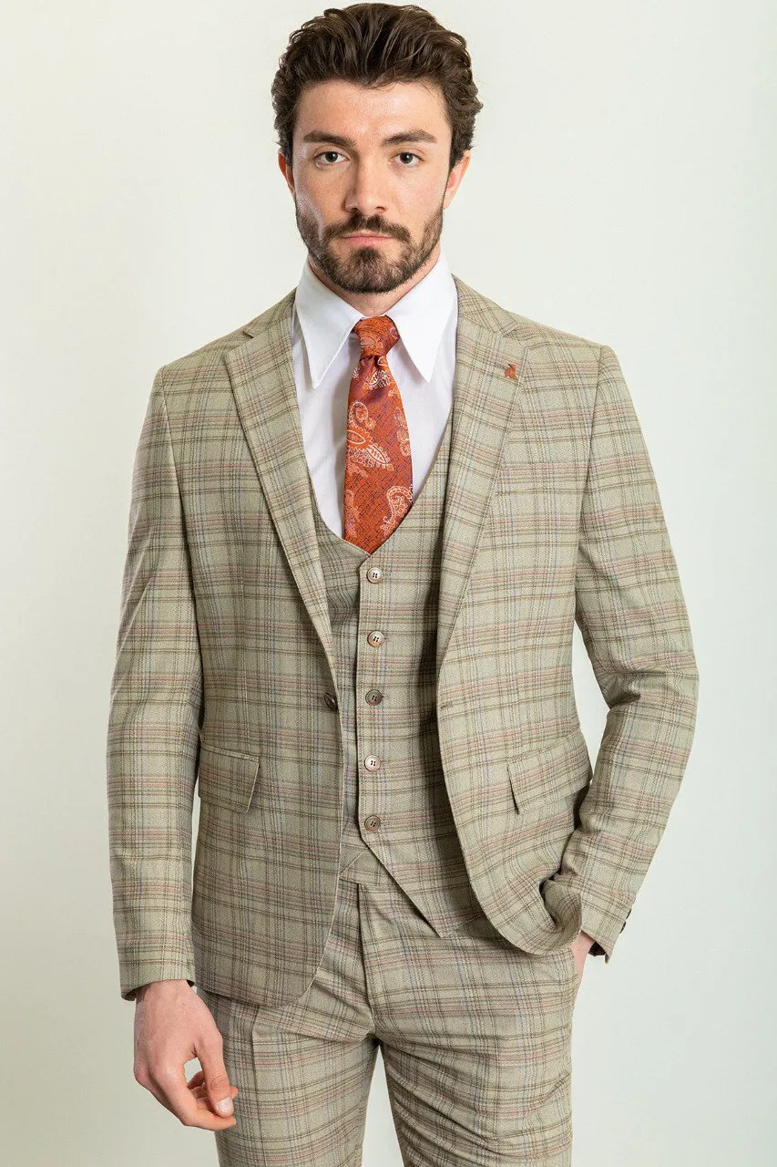 Camel Orange Slim Fit Notch Lapel 3 Piece Plaid Suit | GentWith