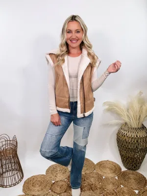 Camel Tan Suede Vest with Sherpa Trim