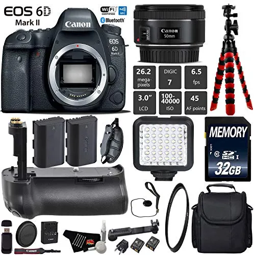 Canon EOS 6D Mark II DSLR Camera With 50mm 1.8 STM Lens   Professional Battery Grip   UV Protection Filter   LED Kit Starter Bundle
