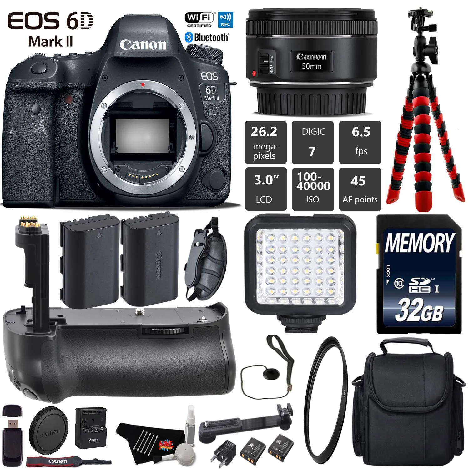 Canon EOS 6D Mark II DSLR Camera With 50mm 1.8 STM Lens   Professional Battery Grip   UV Protection Filter   LED Kit Starter Bundle