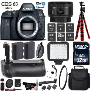Canon EOS 6D Mark II DSLR Camera With 50mm 1.8 STM Lens   Professional Battery Grip   UV Protection Filter   LED Kit Starter Bundle