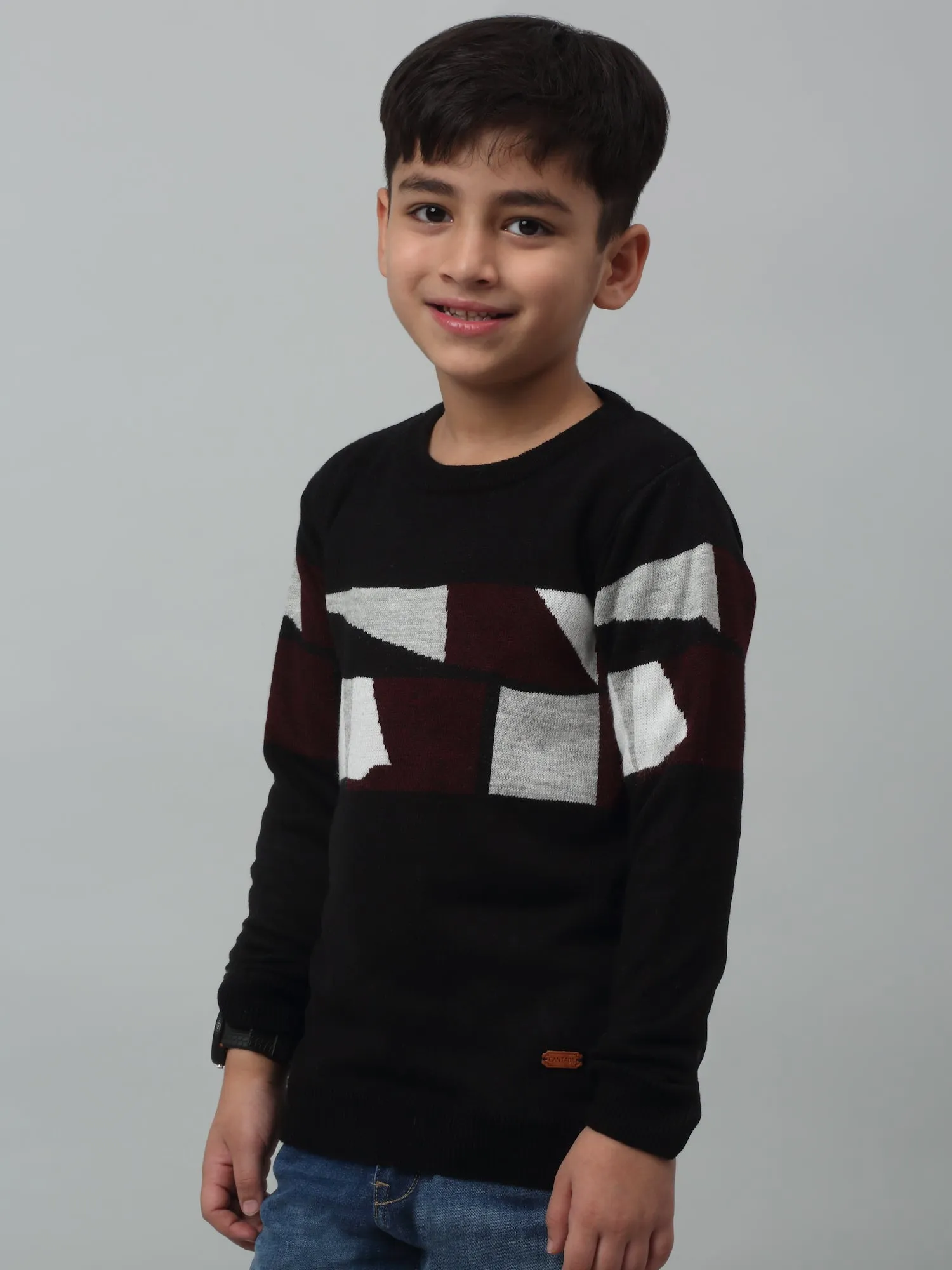 Cantabil Boys Black Abstract Print Round Neck Sweater For Winter
