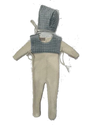 Carmina Butter Footie with Blue Velvet Quilted Bib   Bonnet