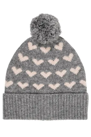 CASHMERE BEANIE W. HEARTS AND POMPOM - GREY MEL/TAUPE COMBI