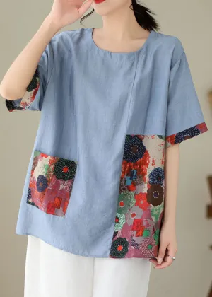 Casual Blue O Neck Print Patchwork Cotton T Shirt Summer LY3990