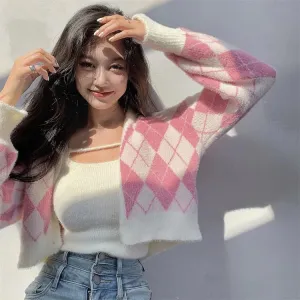 Casual Chic V-Neck Rhombus Print Two-Piece Cardigan Set