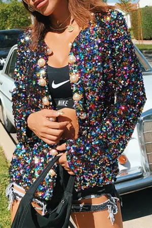 Casual Color Block Sequins Buttons O Neck Outerwear