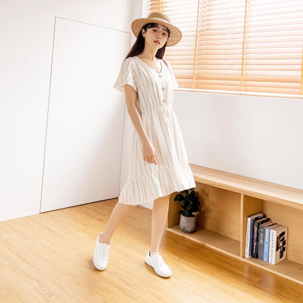 Casual Korean Stripe Cotton Drawstring Summer Dress