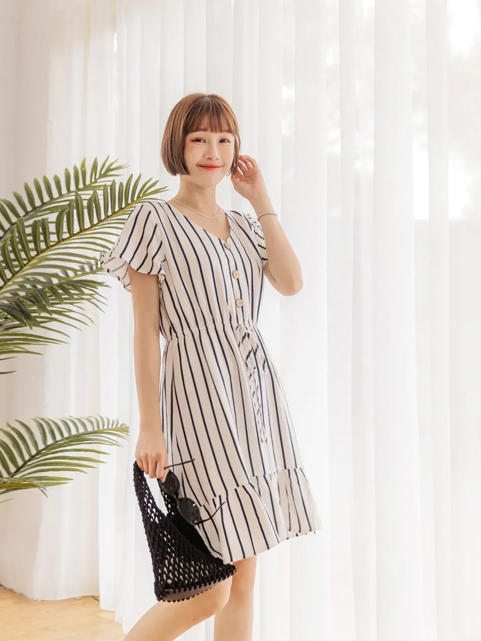 Casual Korean Stripe Cotton Drawstring Summer Dress