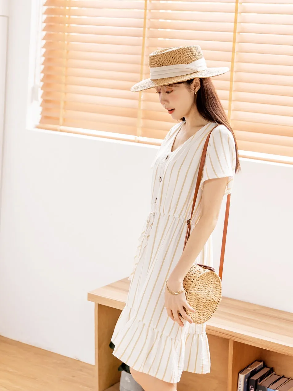 Casual Korean Stripe Cotton Drawstring Summer Dress