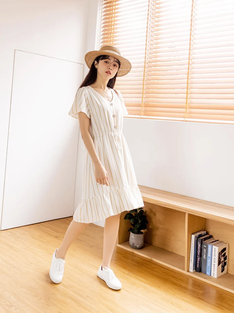Casual Korean Stripe Cotton Drawstring Summer Dress