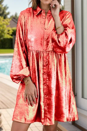 Casual Metallic Sheen Long Sleeve Mini Dress
