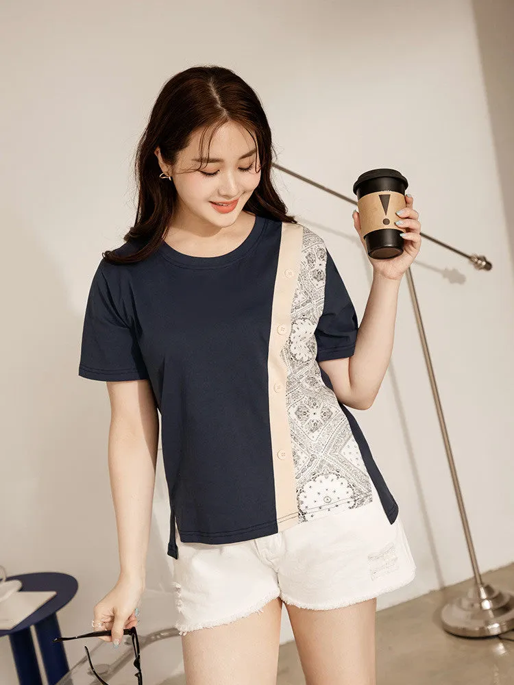 Casual Paisley Patchwork Button Cotton T-Shirt Top