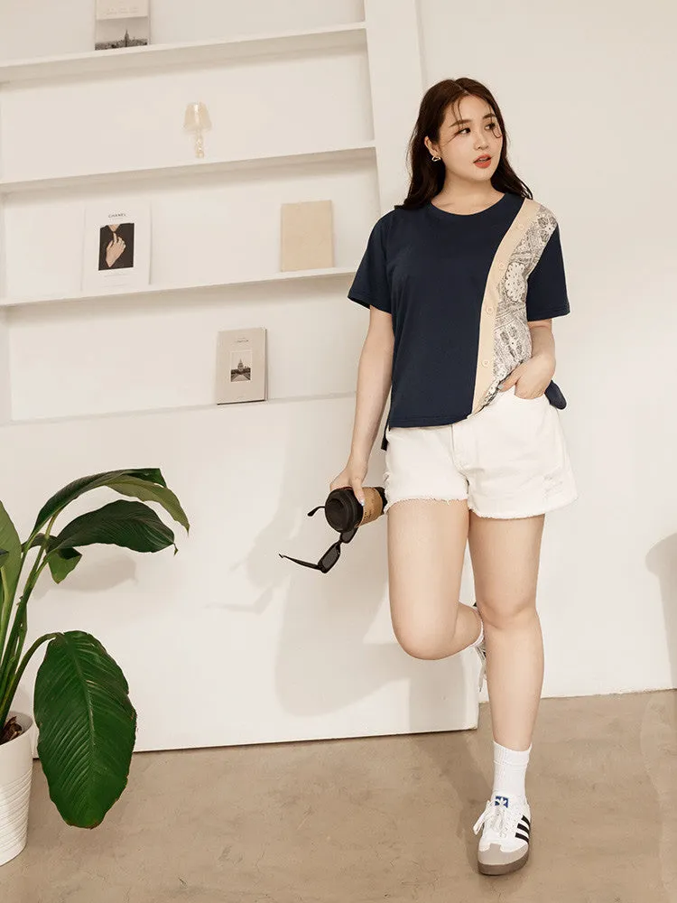Casual Paisley Patchwork Button Cotton T-Shirt Top