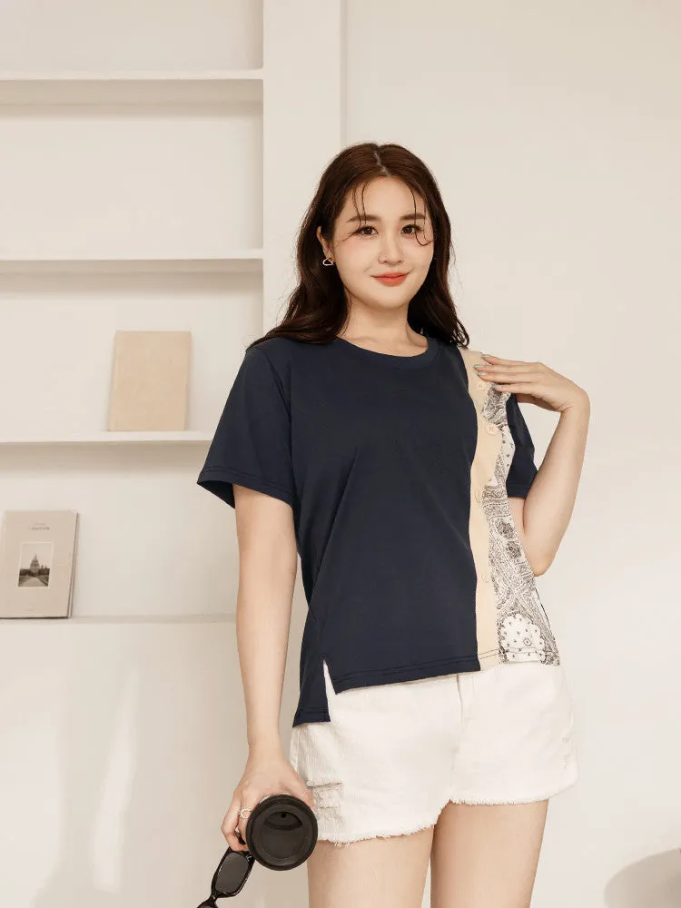 Casual Paisley Patchwork Button Cotton T-Shirt Top