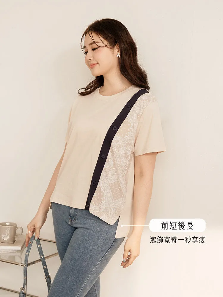 Casual Paisley Patchwork Button Cotton T-Shirt Top