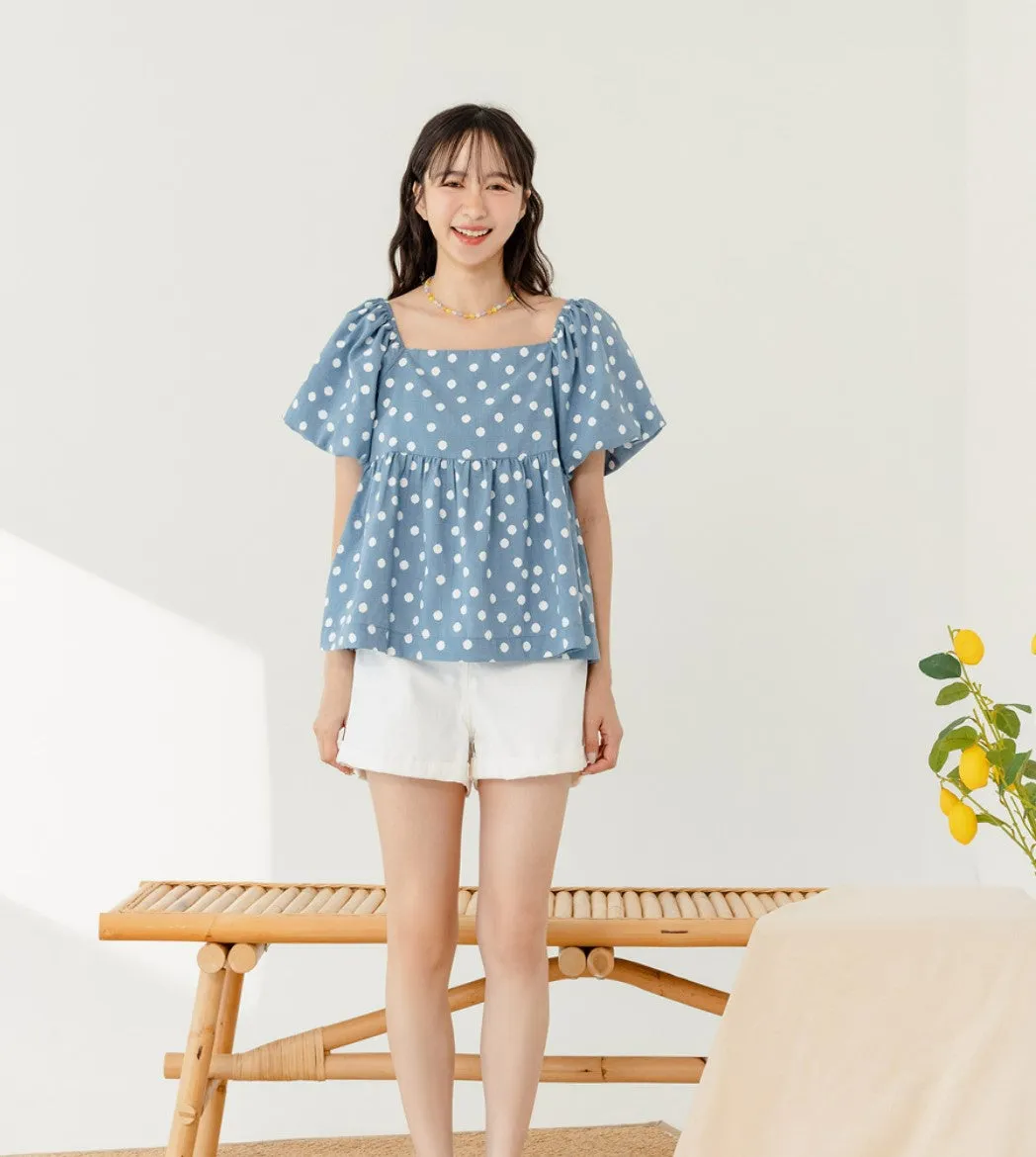 Casual Polka Dots Square Neck Babydoll Blouse Top