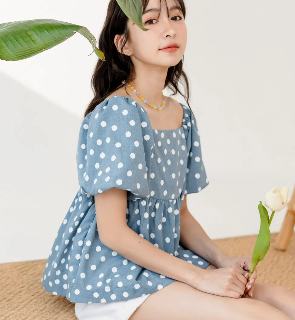 Casual Polka Dots Square Neck Babydoll Blouse Top