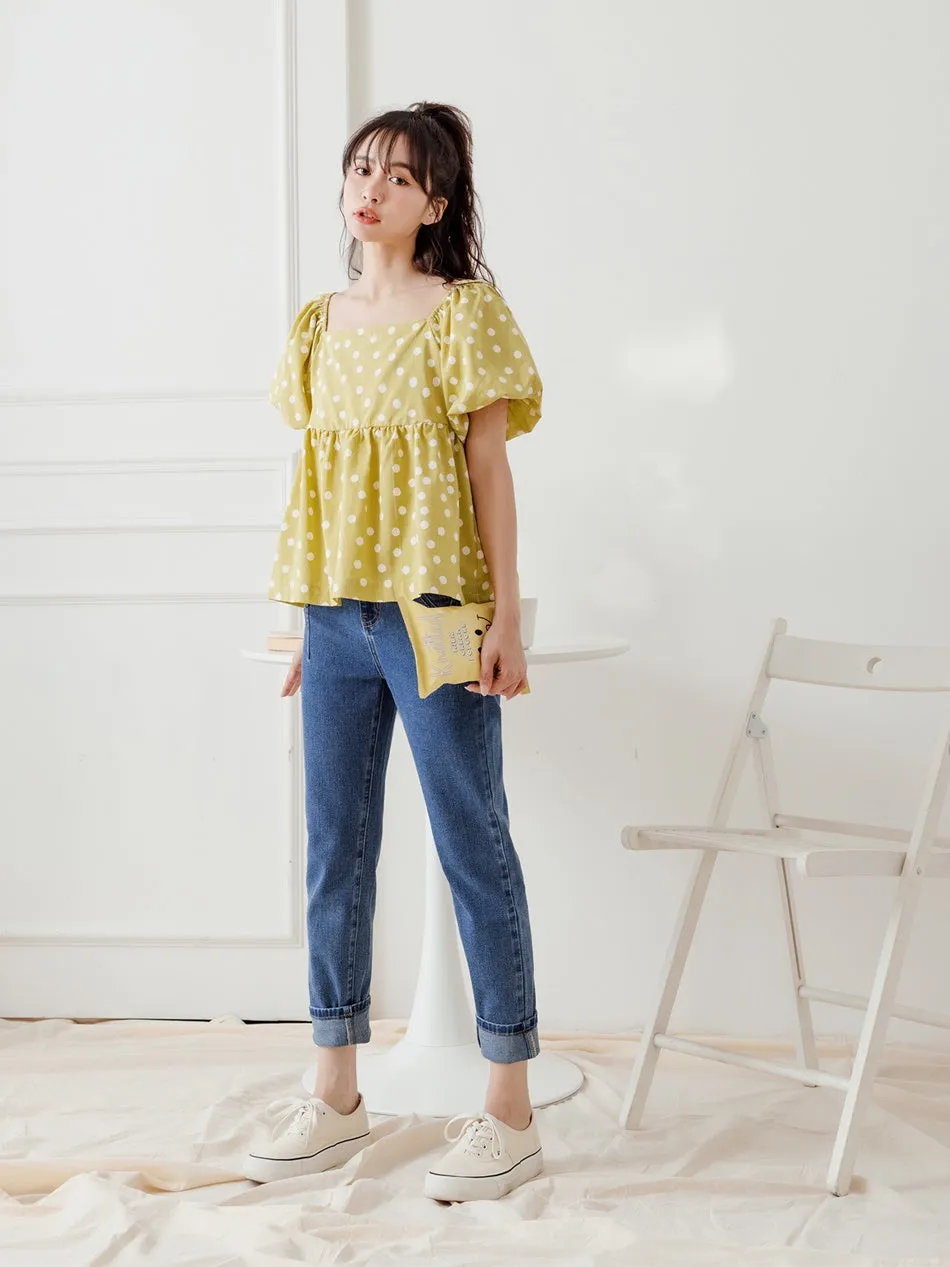Casual Polka Dots Square Neck Babydoll Blouse Top