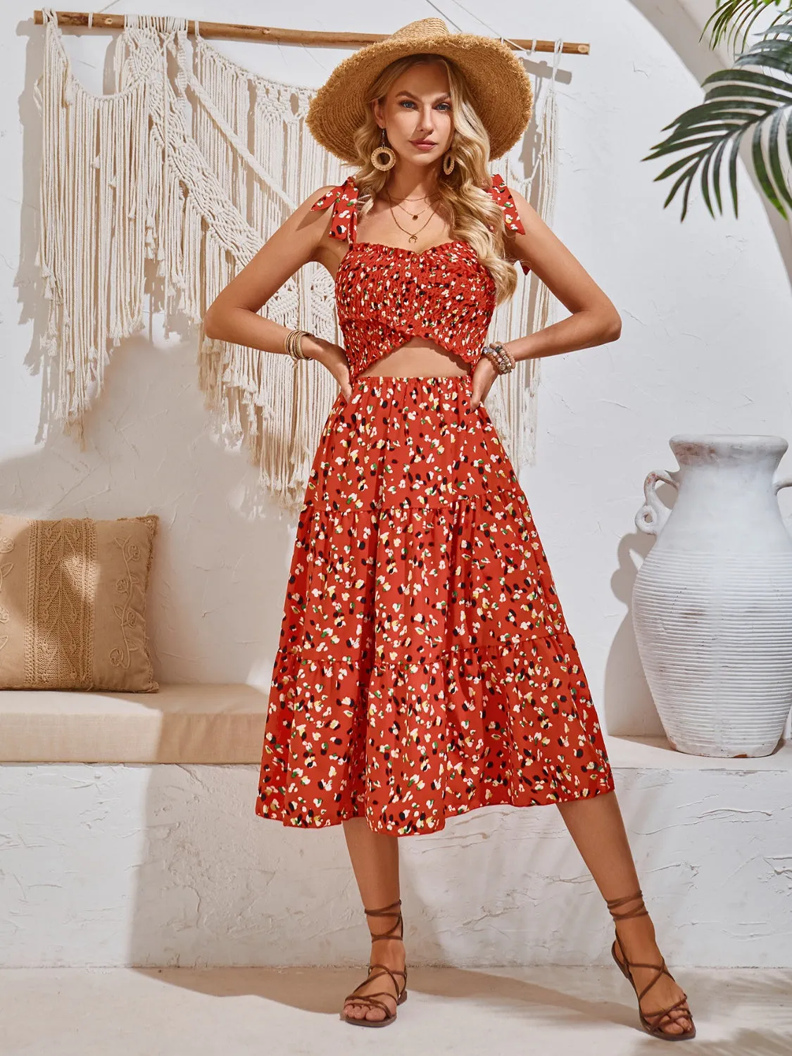 Casual Short Sleeve Flowy Day Dress Women's Fashion Front Cutout Printed Tie Shoulder Midi Dress