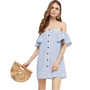 Casual Striped Off Shoulder Mini